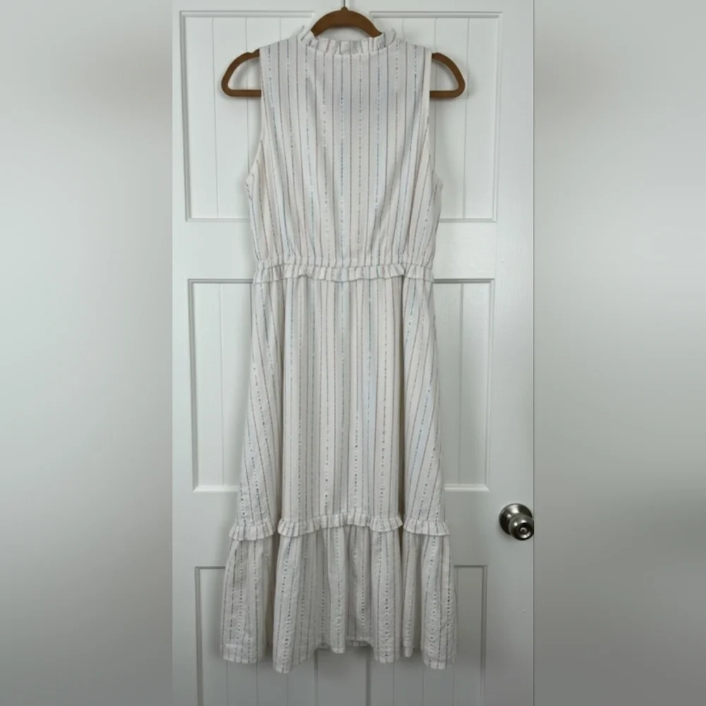 J.Crew Cotton Ruffle Collar Metallic Stripe Midi Dress - White/Pastel Size 6